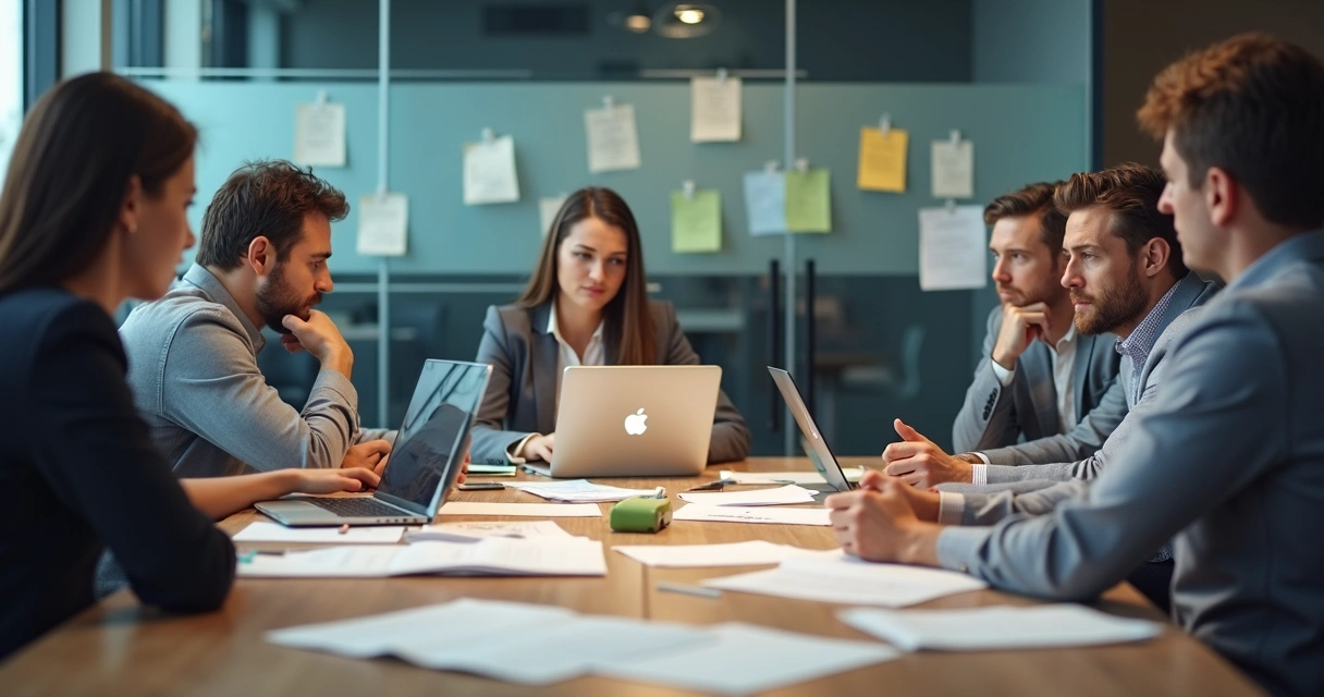 Equipe reunida em uma sala de reuniões, com expressões preocupadas e tensas 