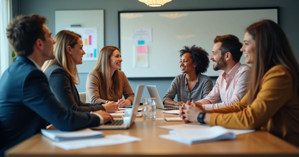 Equipe sentada à mesa em reunião, com expressões de apoio e escuta mútua