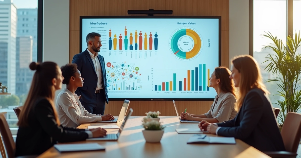 Líder e equipe reunidos em mesa de reunião com gráficos de desenvolvimento humano 