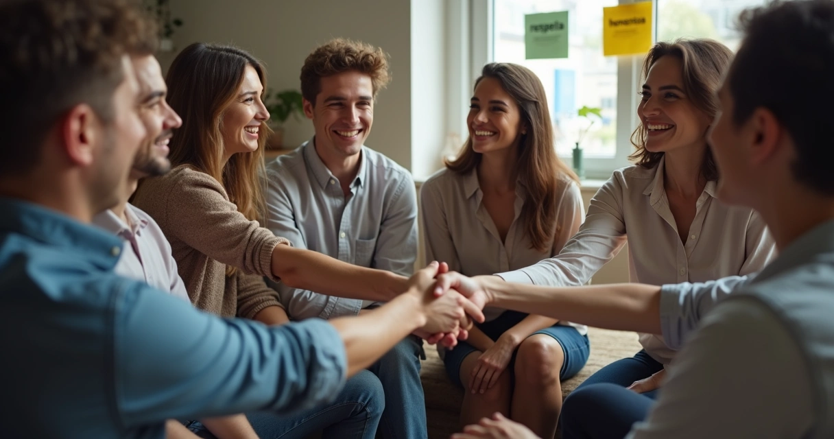 Equipe reunida em círculo demonstrando confiança mútua 