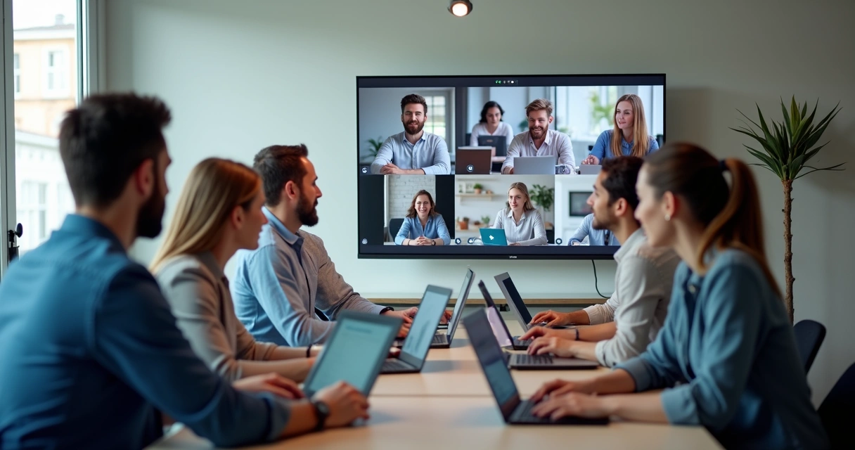 Pessoas participando de uma reunião virtual em seus computadores.