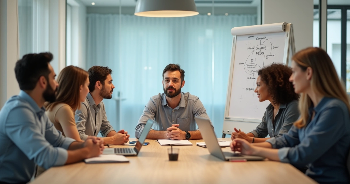 Equipe diversa em reunião mostrando confiança e vulnerabilidade mútua 