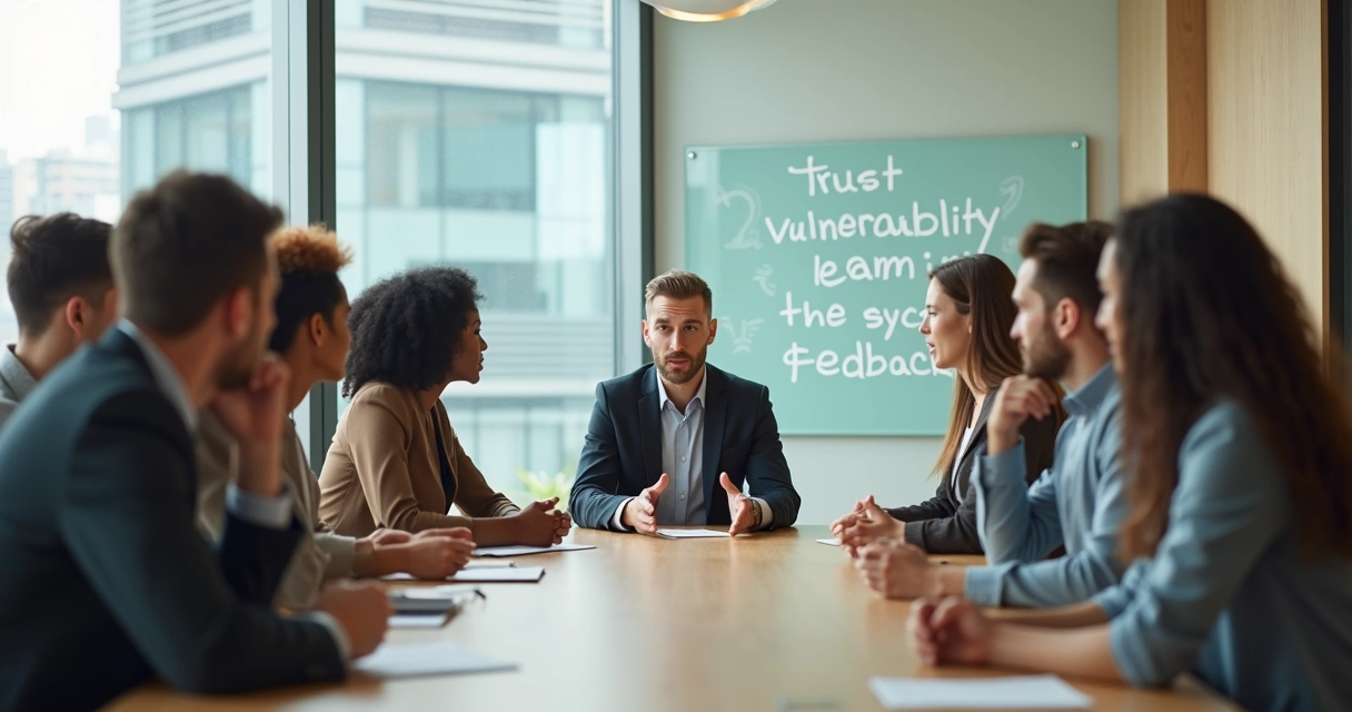 Equipe diversa em reunião mostrando vulnerabilidade e confiança mútua 