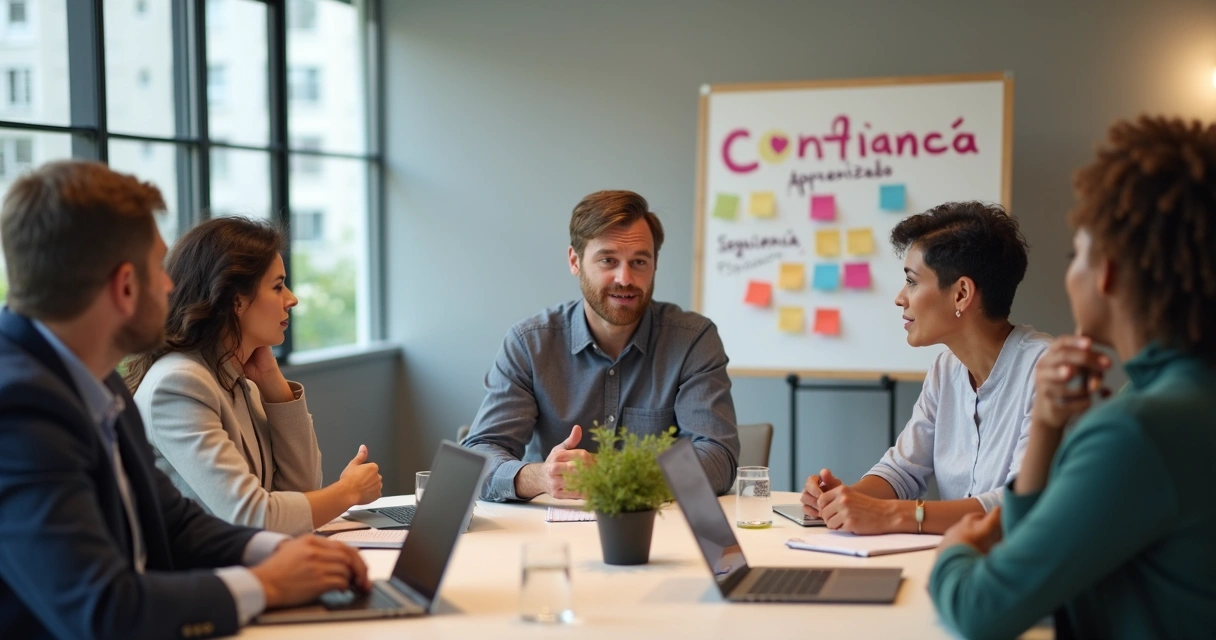 Equipe diversa em reunião demonstrando vulnerabilidade saudável e confiança mútua 