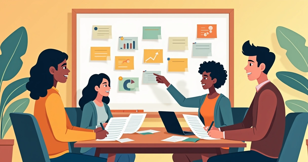 Equipe reunida em torno de uma mesa analisando feedbacks e anotando melhorias em um quadro. 