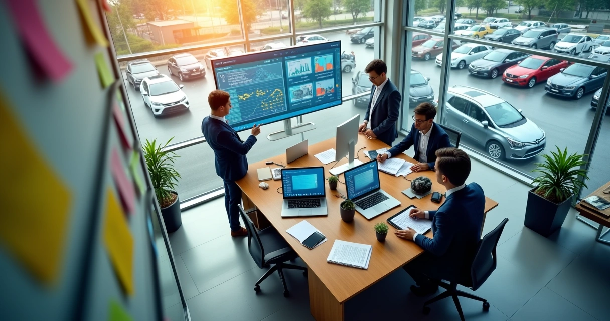 Equipe de revenda de carros usando sistema de gestão em vários dispositivos 