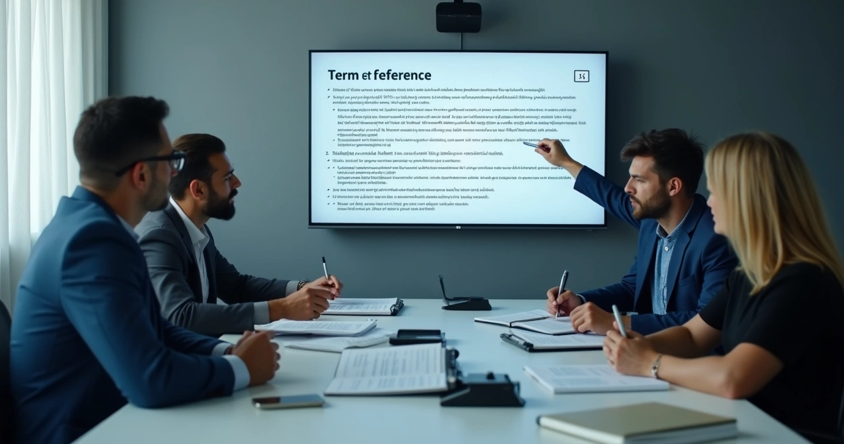 Equipe de câmara municipal revisando termo de referência em reunião