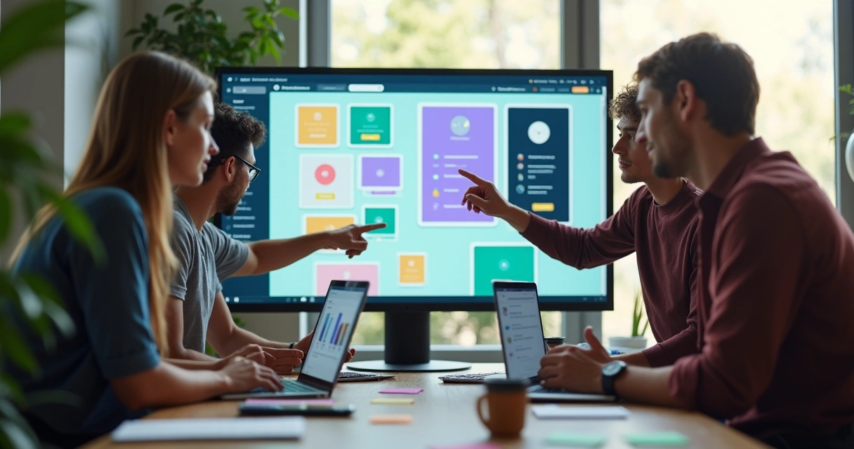 Equipe revisando aplicativo digital em tela grande e laptops 