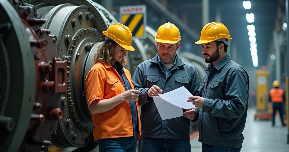 Equipe revisando documento de APR após atividade industrial 