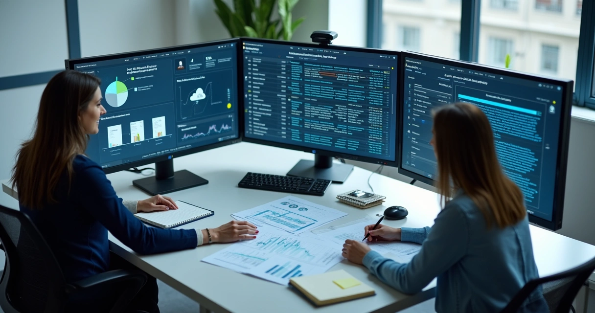Equipe revisando dados em dashboards e planilhas