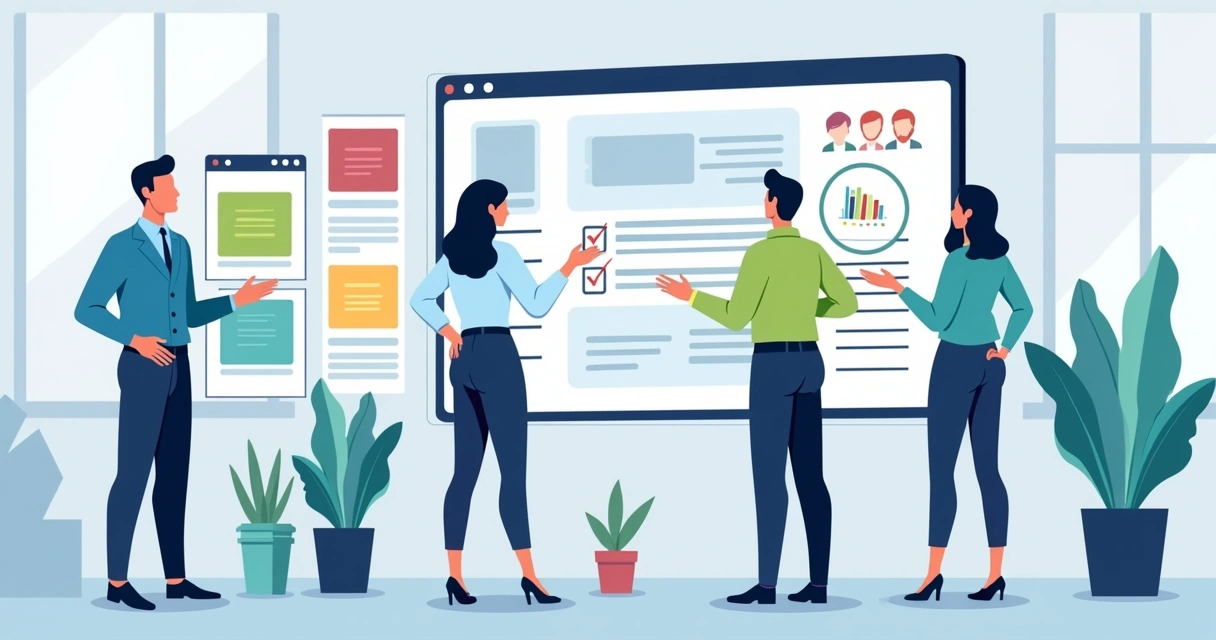 Equipe revisando wireframe e checklist de landing page
