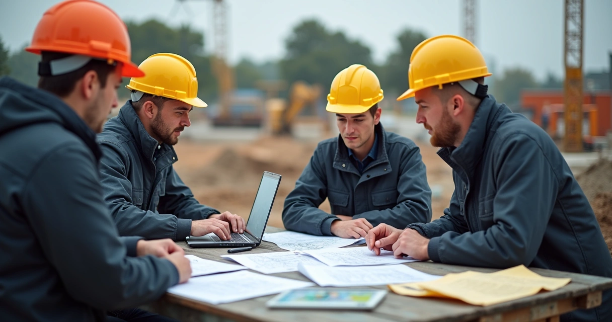 Equipe reunida revisando documentos do PCMAT na obra