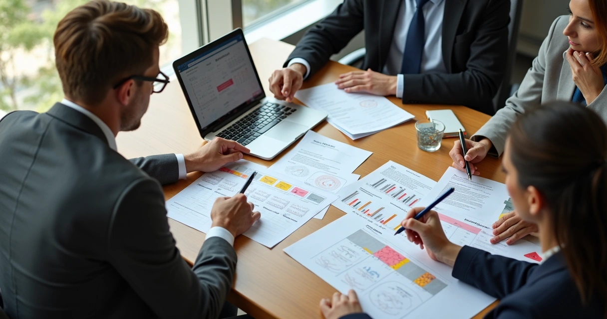 Equipe analisando falhas de projeto em mesa de reunião 
