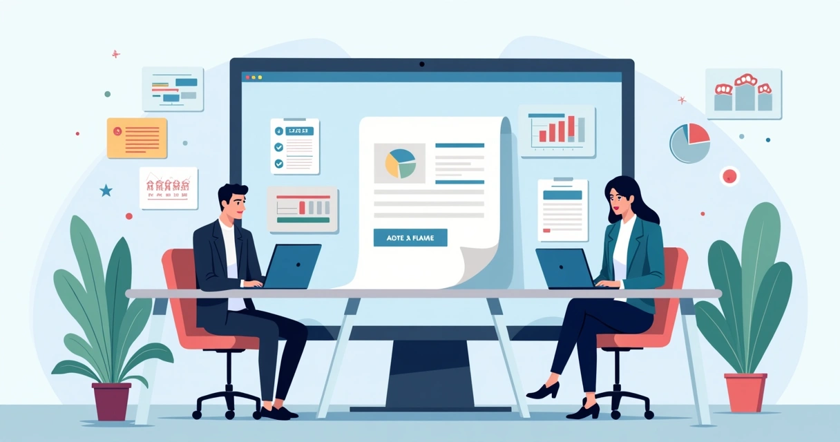 Equipe revisando proposta digital com métricas e aprovação 