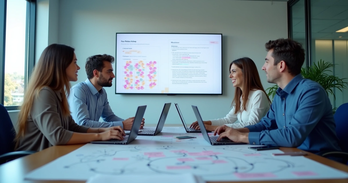 Equipe revisando mensagens automáticas em reunião