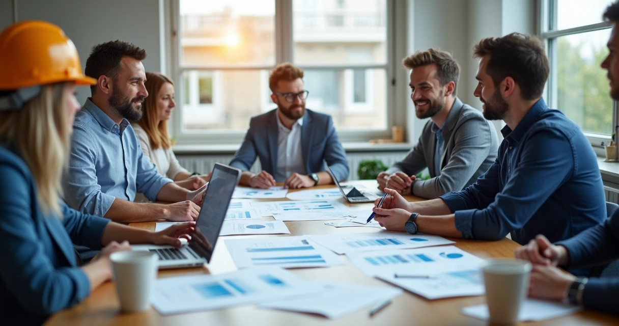 Revisão de indicadores pós-obra entre equipes na sala de reunião 