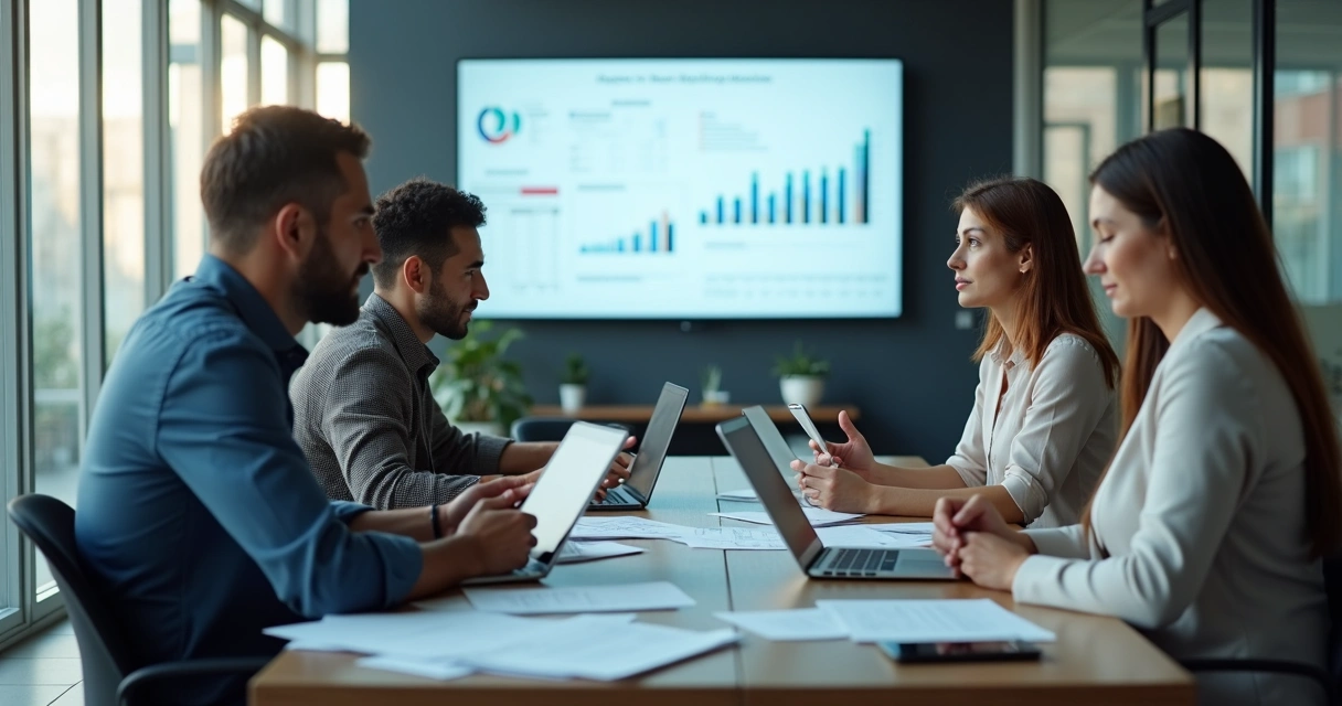 Equipe reunida revisando conteúdo de treinamento em escritório 