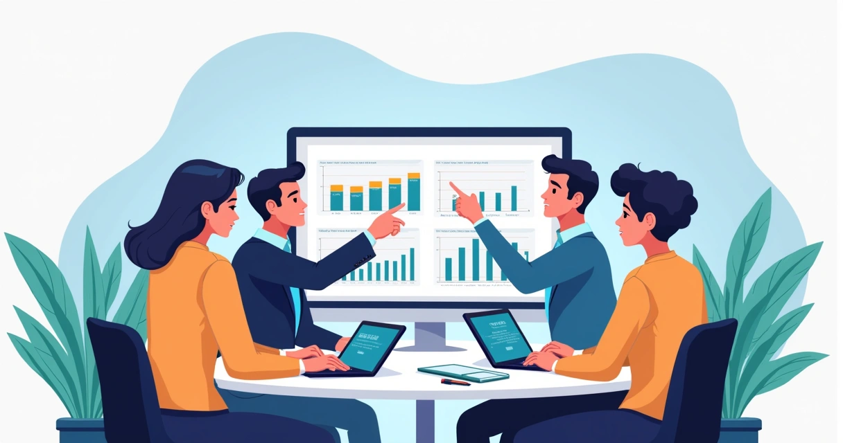 Equipe de RH reunida revisando dados no computador 