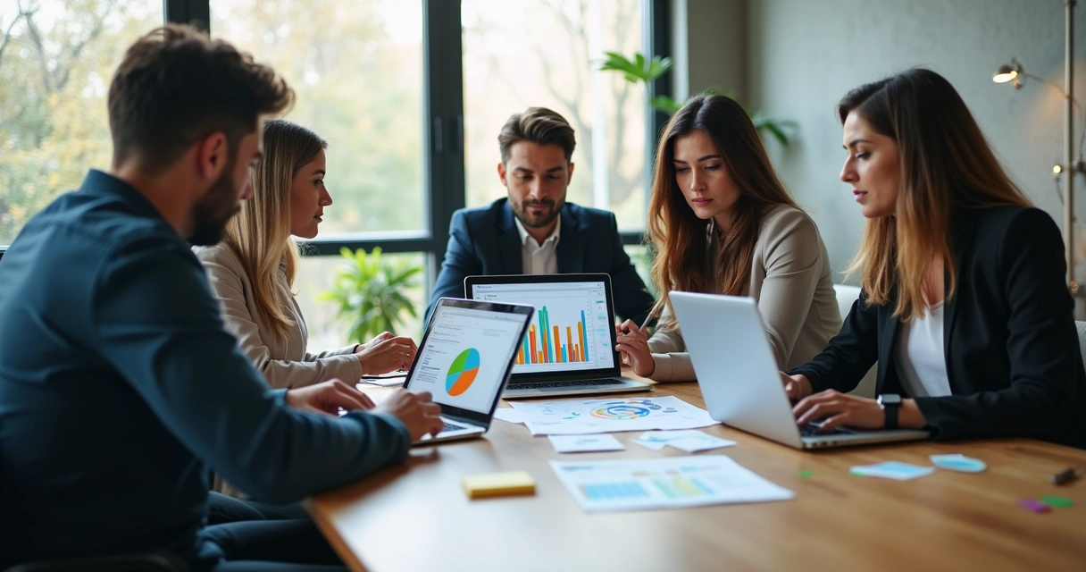 Equipe de RH reunida analisando gráficos e dados em laptops em escritório moderno e iluminado 