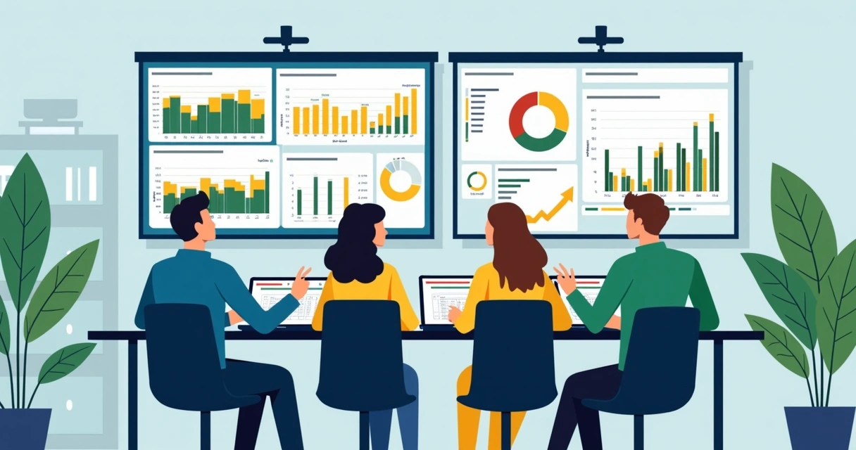 Profissionais de RH analisando dados em telas e quadros 