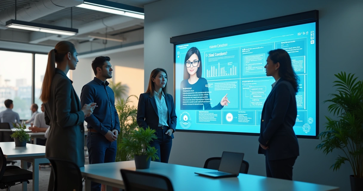 Equipe de RH interagindo com assistente IA no escritório 
