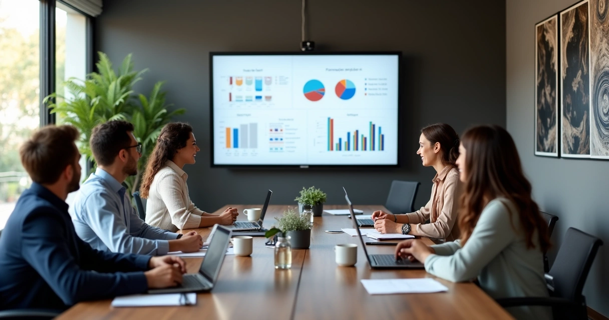 Equipe de RH analisando dados de FGTS e CRF em reunião 