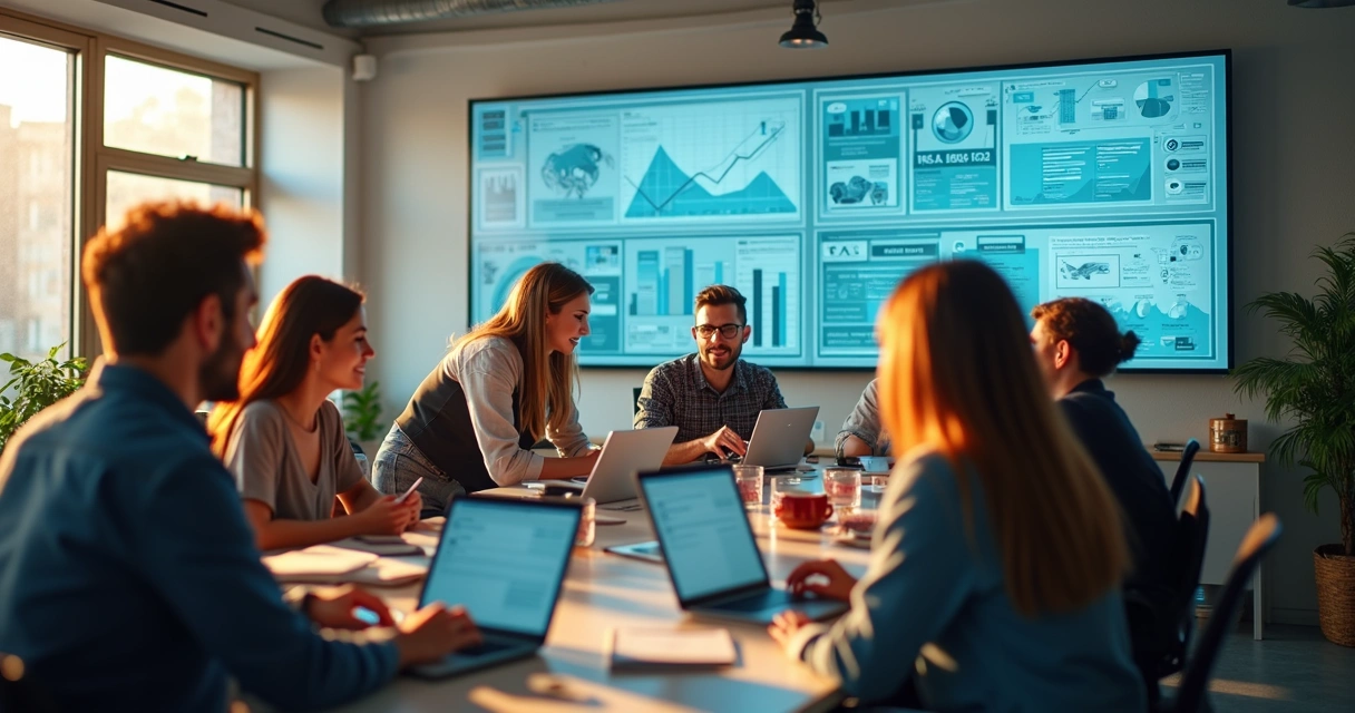 Equipe de RH digital trabalhando em laptops modernos 