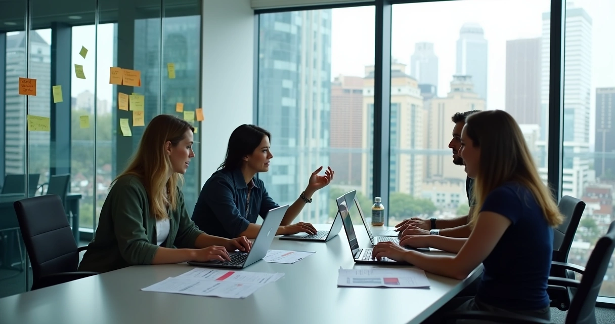 Equipe de RH discutindo feedbacks de colaboradores em uma sala de reunião 