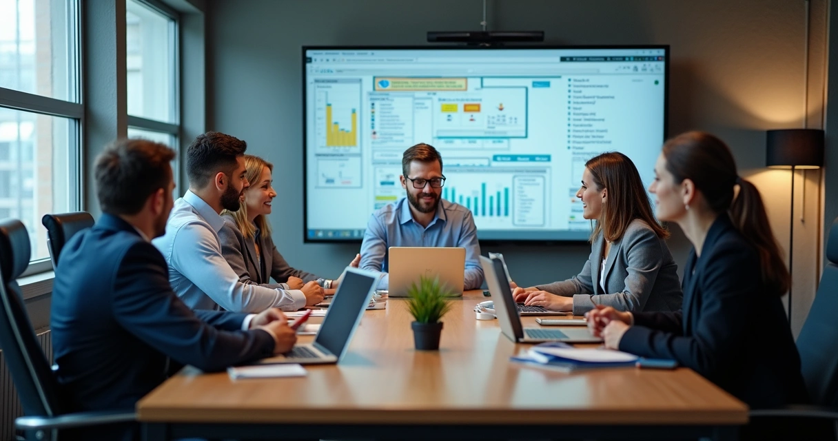 Equipe de RH em reunião analisando documentos e dados na tela. 