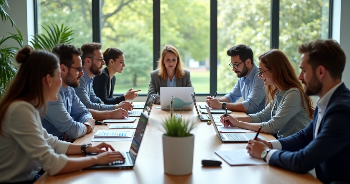 Equipe de profissionais de RH reunida em sala moderna realizando avaliação 360 graus com documentos e laptops sobre mesa 