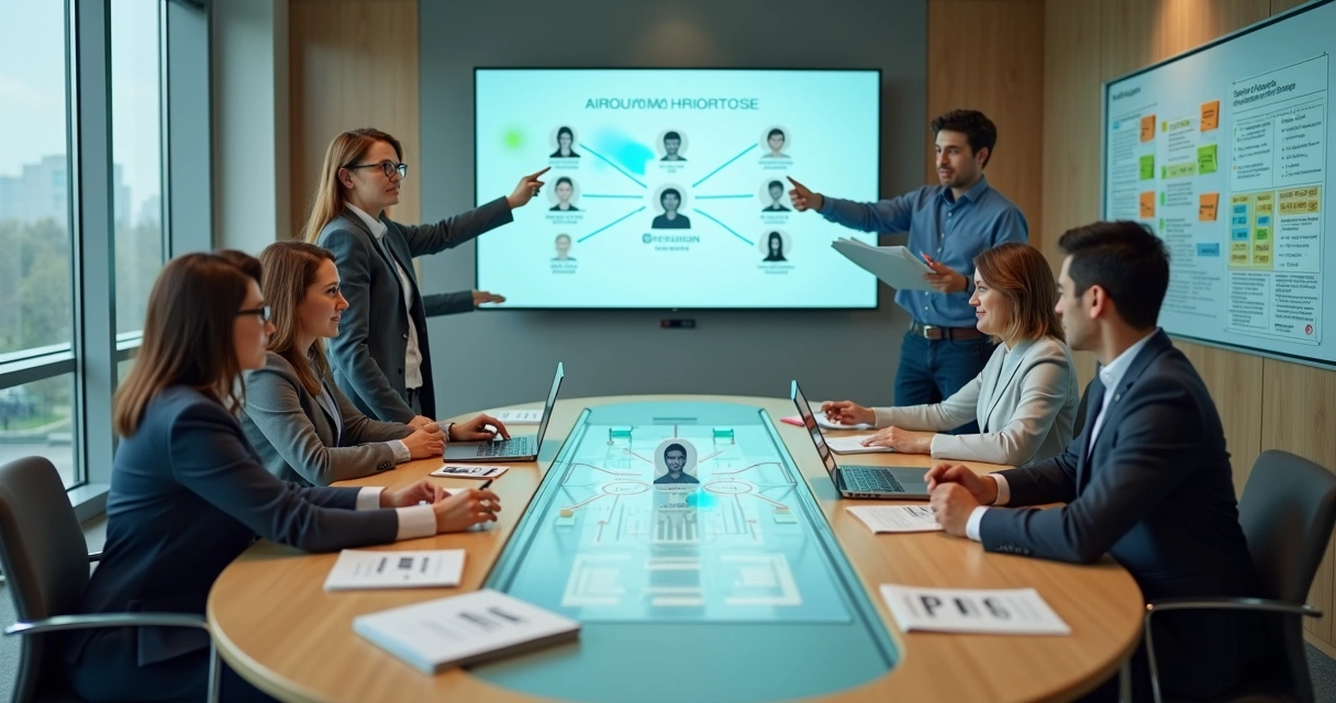 Equipe de RH colaborando em torno de mesa com painel digital de IA ao centro 