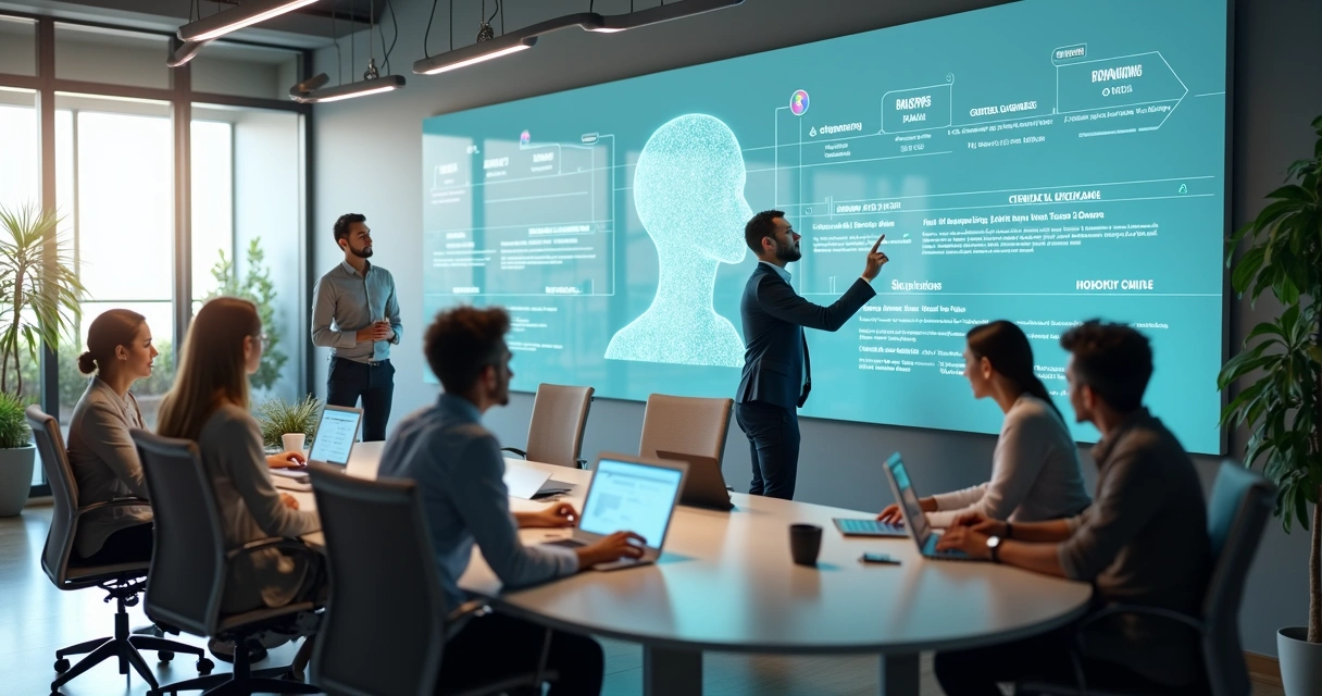 Equipe de RH diante de painel gigante colaborando com assistente virtual de IA 