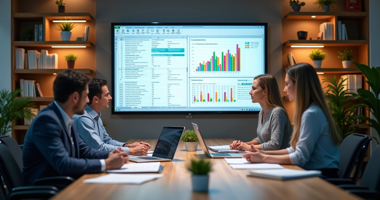 Profissionais de RH reunidos em reunião, olhando para uma tela exibindo planilhas de Excel 