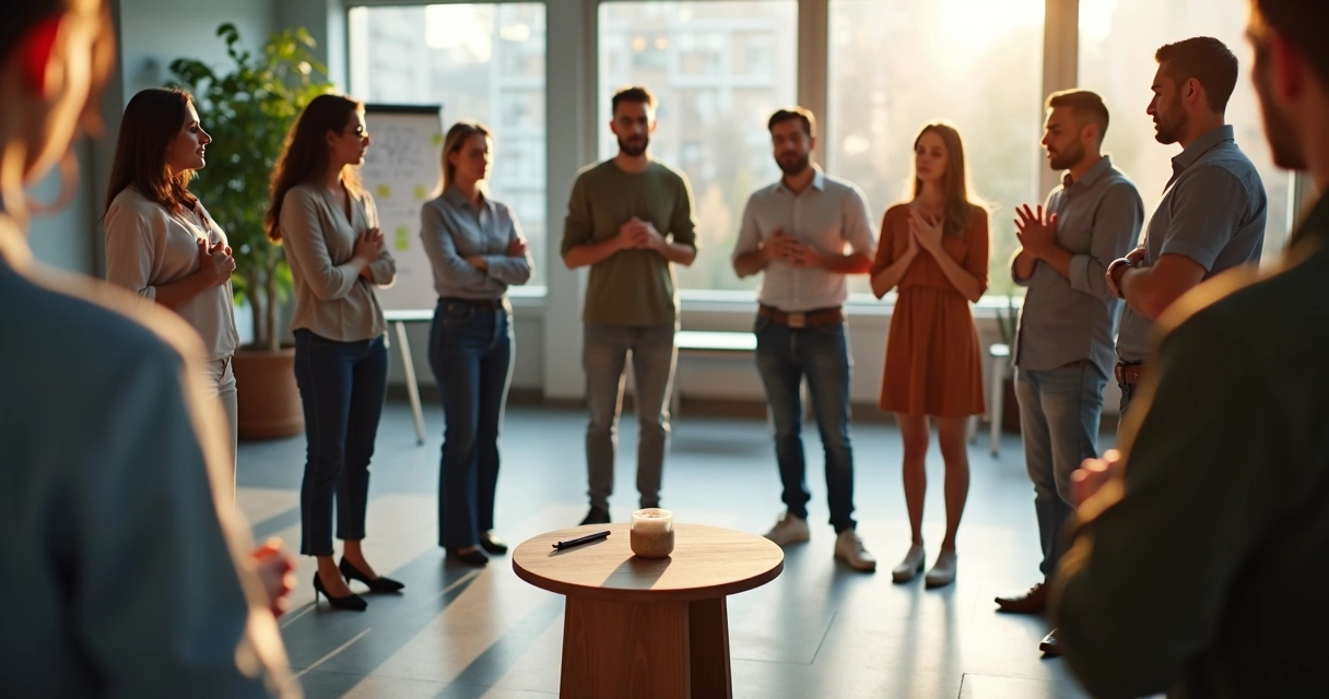Equipe em círculo de pé realizando ritual corporativo simples 