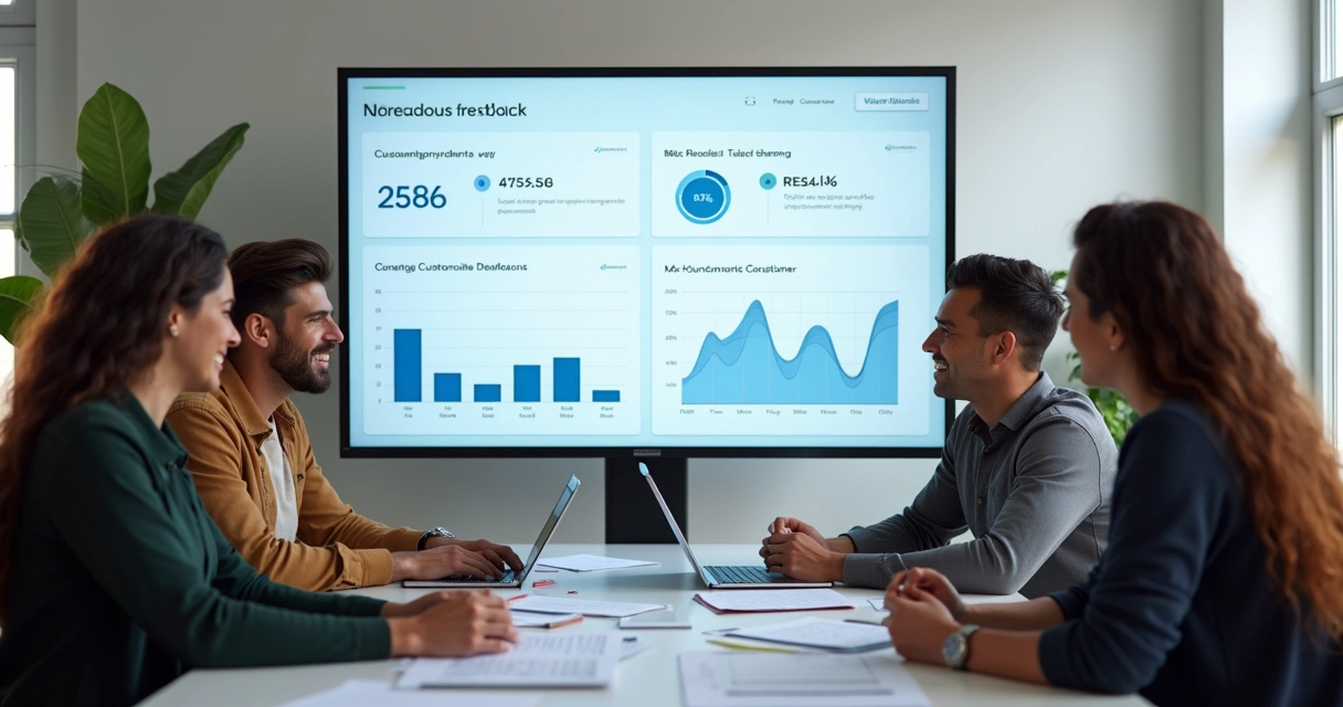 Equipe analisa respostas de feedback SaaS 