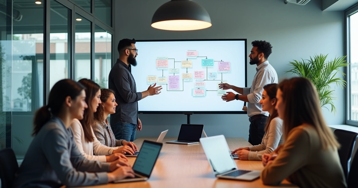 Equipe de SaaS planejando onboarding com quadro branco 