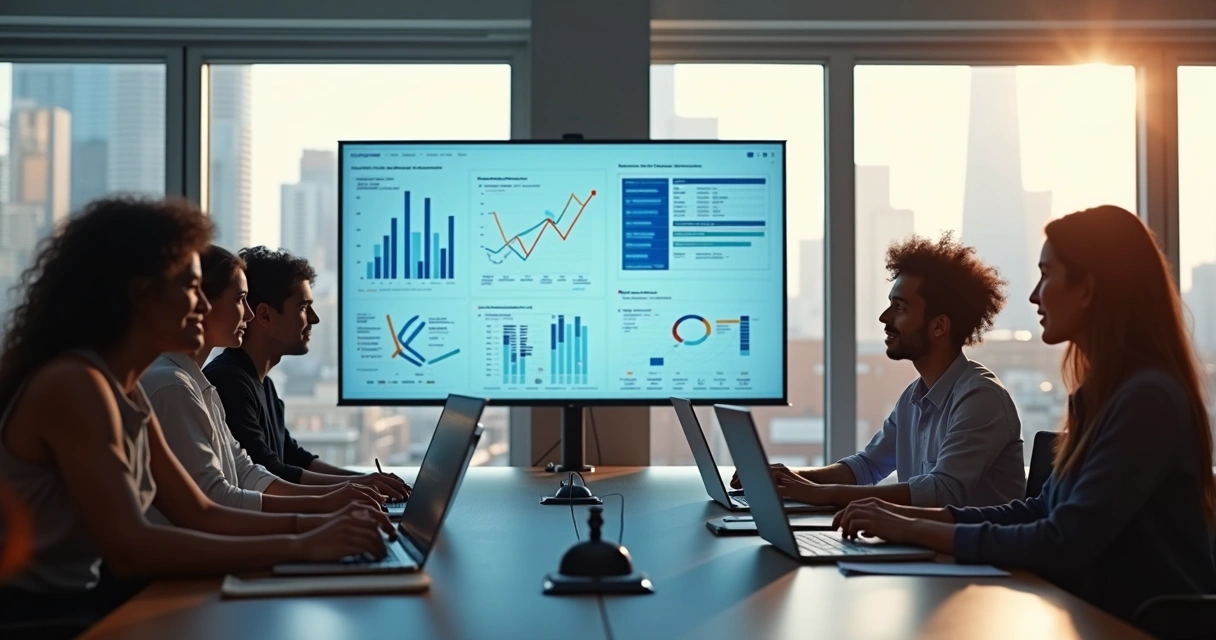 Equipe de SaaS analisando dados em sala de reunião 
