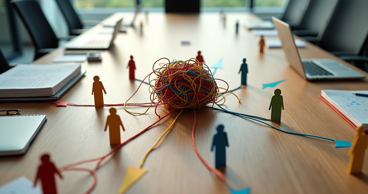 Mesa de trabalho vista de cima com miniaturas de pessoas e fios formando nós no centro 