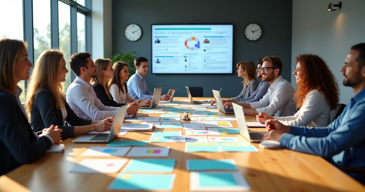 Equipe reunida analisando feedbacks em uma sala de reunião 