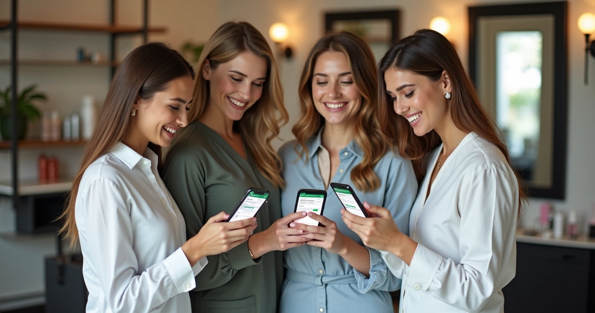 Equipe de salão de beleza feliz usando automação digital. 