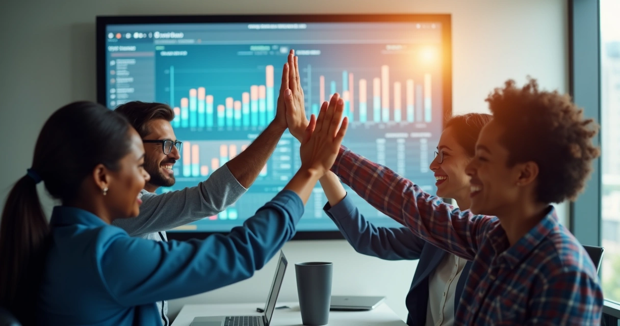 Equipe satisfeita comemorando resultados da automação 