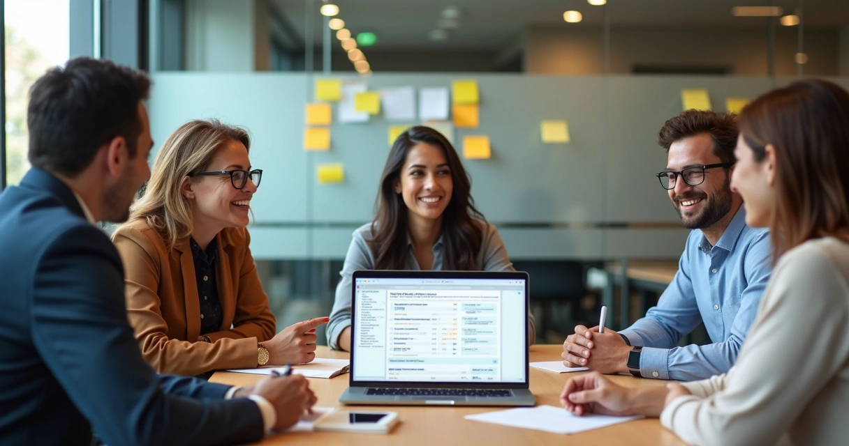 Equipe de atendimento sorrindo em mesa de reunião com notebook exibindo respostas de feedback 