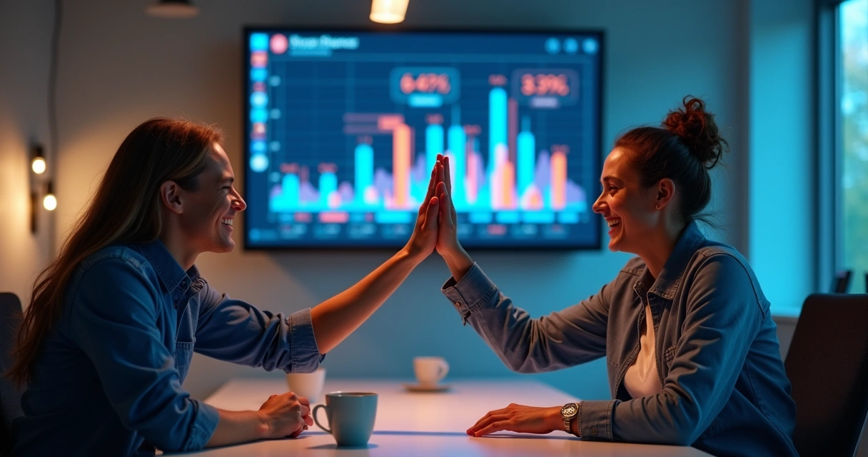 Equipe de TI satisfeita comemorando resultados na frente de um mural digital 