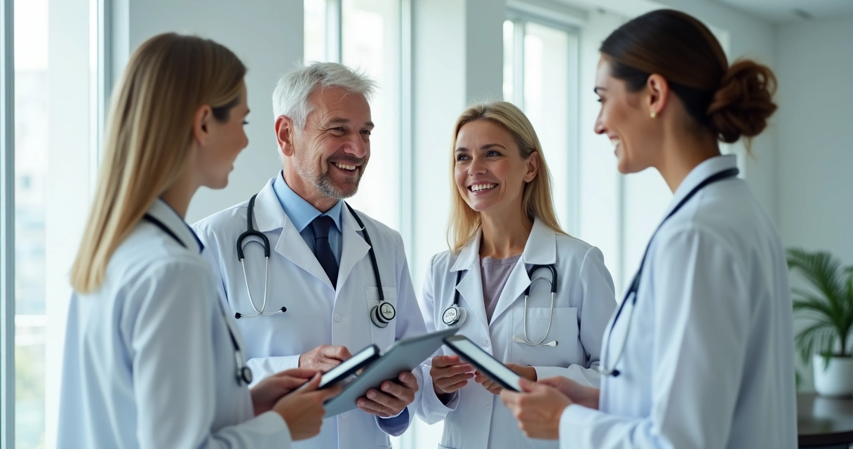 Equipe médica acompanhando paciente em consultório moderno 