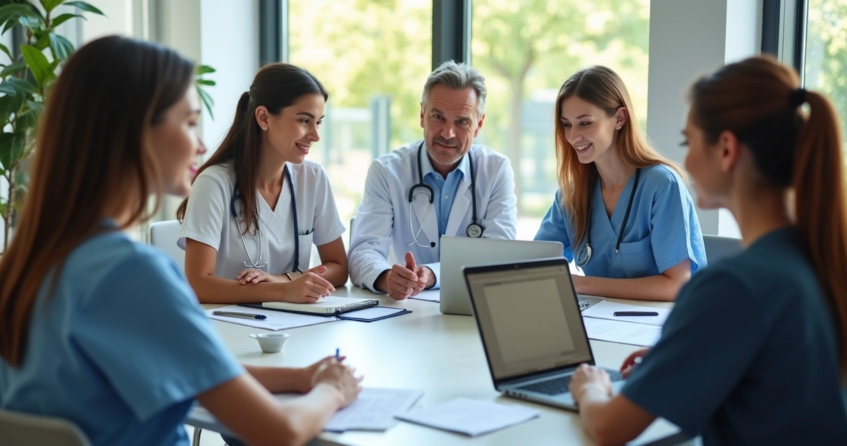Equipe de saúde em roda discutindo estratégias de prevenção ao burnout 