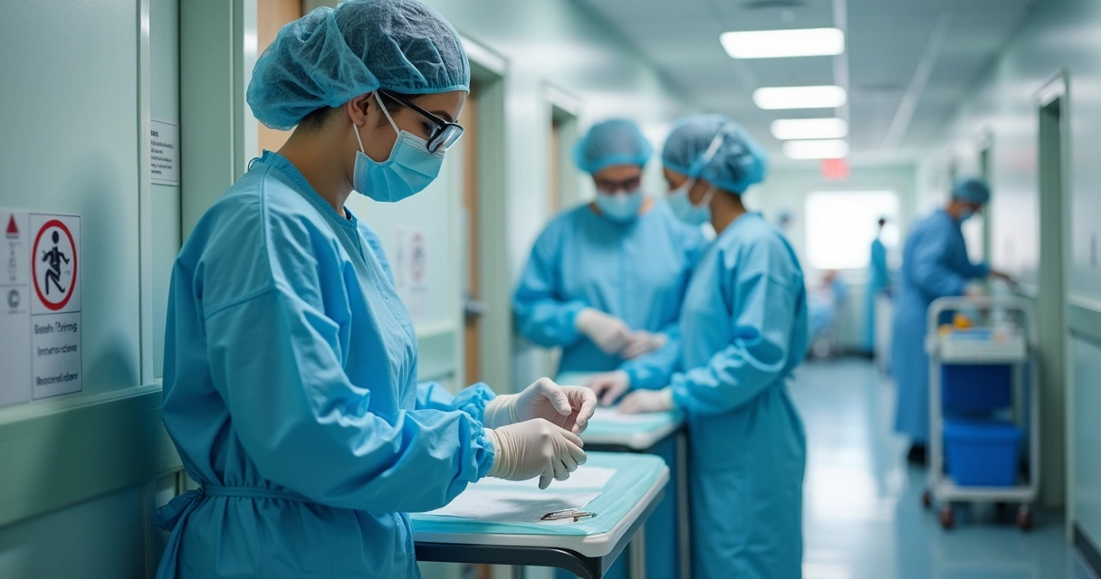 Equipe de saúde usando EPIs em clínica de enfermagem 