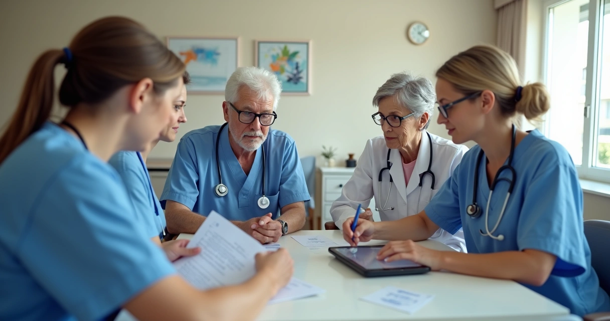 Equipe de saúde em reunião discutindo plano de cuidados 