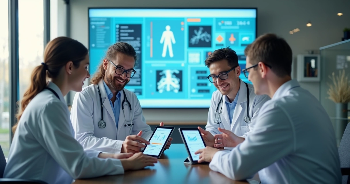 Equipe médica de clínica utilizando tecnologia com inteligência artificial 