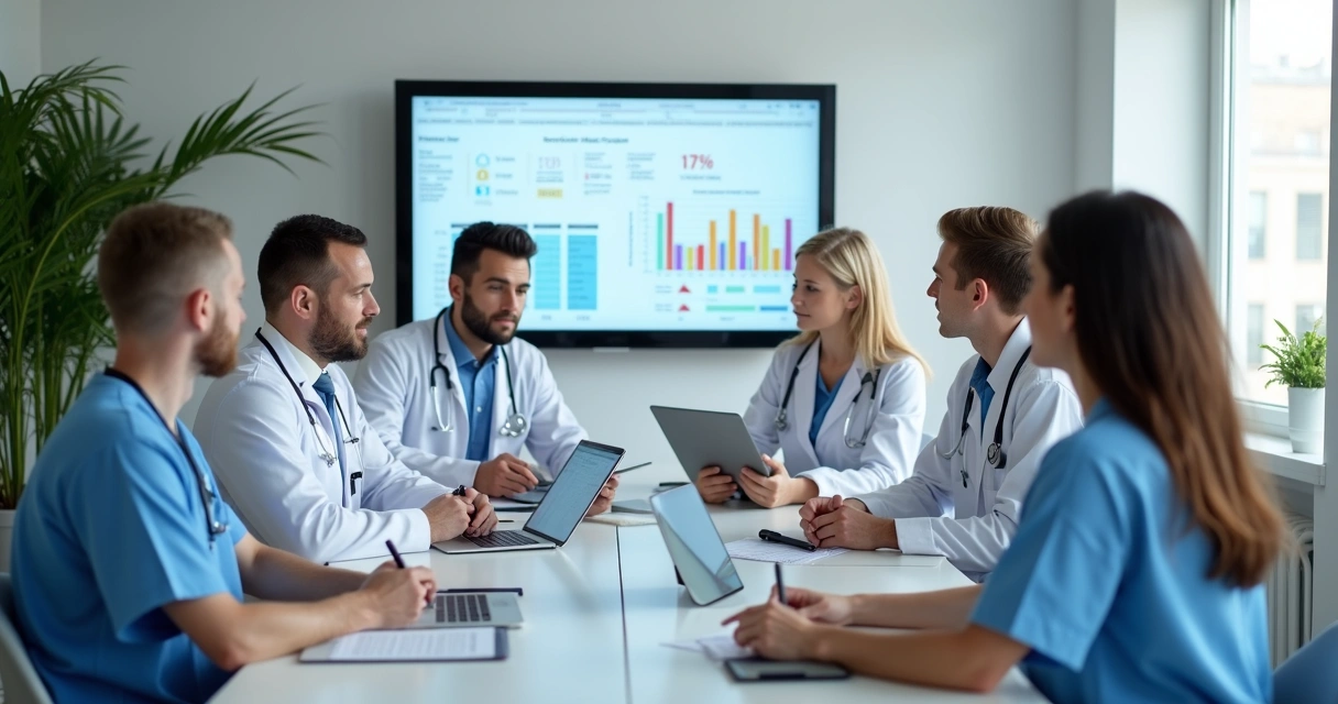 Equipe multidisciplinar reunida em sala de reunião na área da saúde 