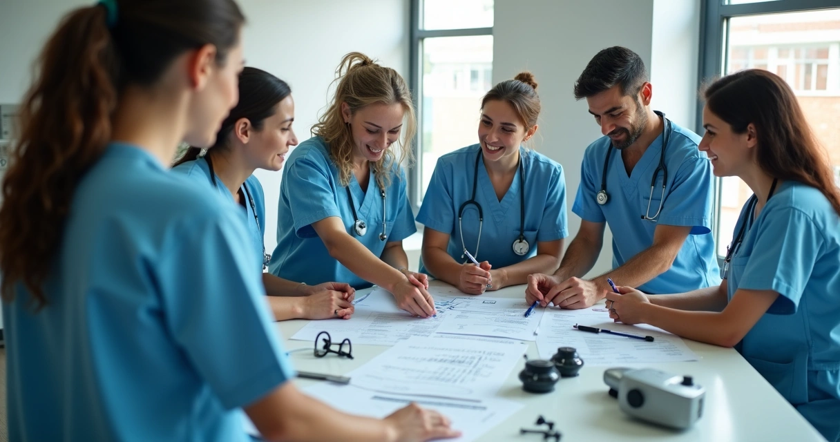 Equipe de saúde ocupacional apresentando procedimentos 